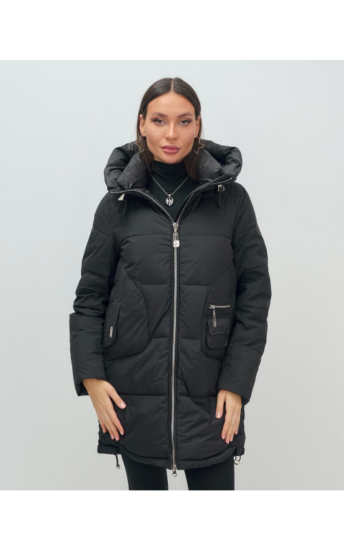 Пуховик зимний женский с капюшоном, чёрный. в Тюмени