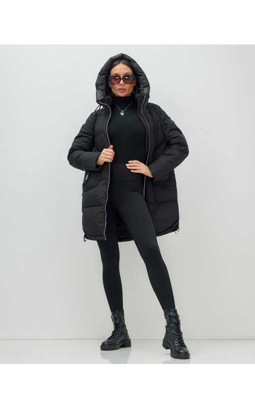 Пуховик зимний женский с капюшоном, чёрный. в Тюмени