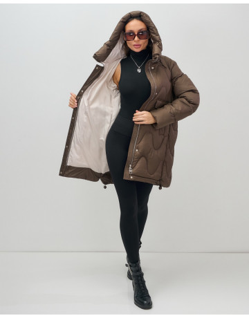 Женский модный пуховик с капюшоном, тёмно-коричневый. в Тюмени