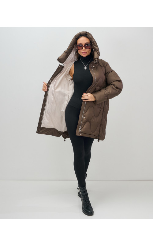 Женский модный пуховик с капюшоном, тёмно-коричневый. в Тюмени