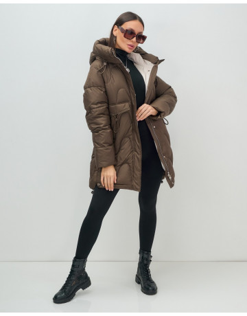 Женский модный пуховик с капюшоном, тёмно-коричневый. в Тюмени