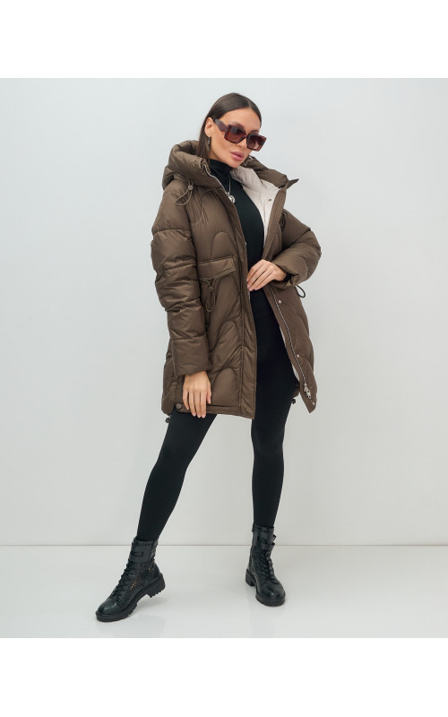 Женский модный пуховик с капюшоном, тёмно-коричневый. в Тюмени
