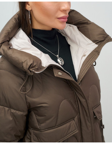 Женский модный пуховик с капюшоном, тёмно-коричневый. в Тюмени