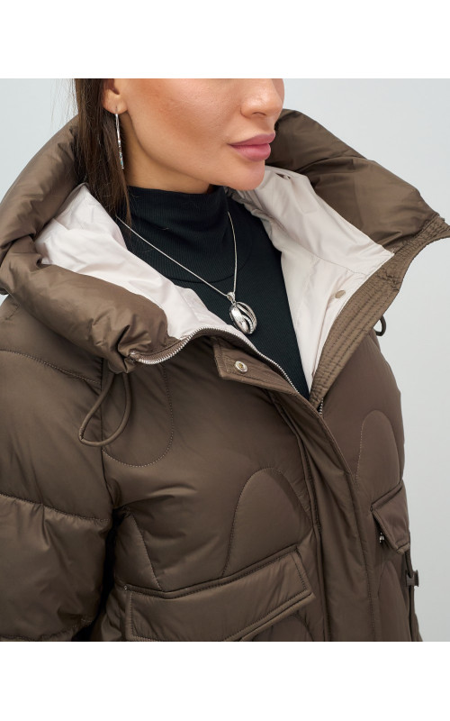 Женский модный пуховик с капюшоном, тёмно-коричневый. в Тюмени