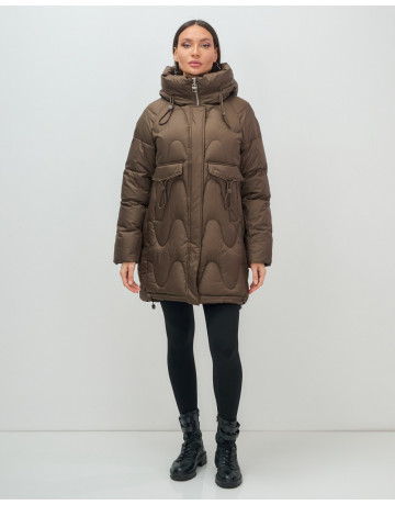 Женский модный пуховик с капюшоном, тёмно-коричневый. в Тюмени