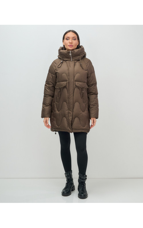Женский модный пуховик с капюшоном, тёмно-коричневый. в Тюмени