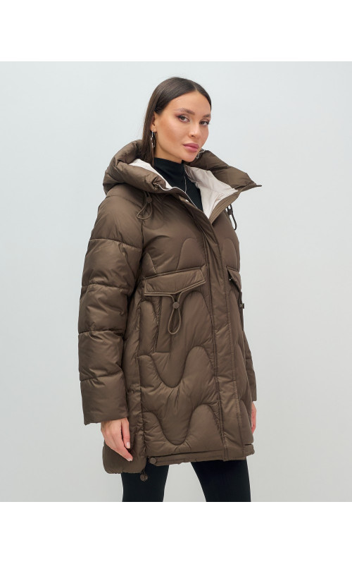 Женский модный пуховик с капюшоном, тёмно-коричневый. в Тюмени