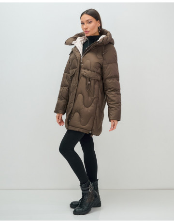 Женский модный пуховик с капюшоном, тёмно-коричневый. в Тюмени