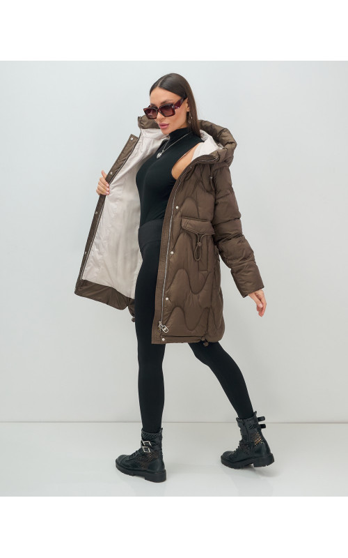 Женский модный пуховик с капюшоном, тёмно-коричневый. в Тюмени
