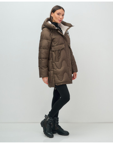 Женский модный пуховик с капюшоном, тёмно-коричневый. в Тюмени