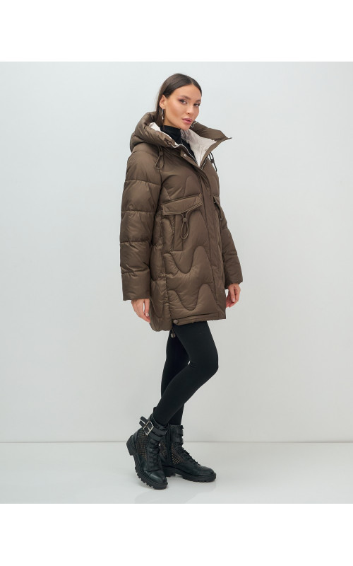 Женский модный пуховик с капюшоном, тёмно-коричневый. в Тюмени