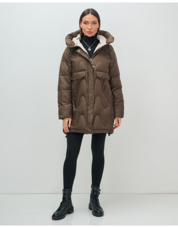 Женский модный пуховик с капюшоном, тёмно-коричневый. в Тюмени