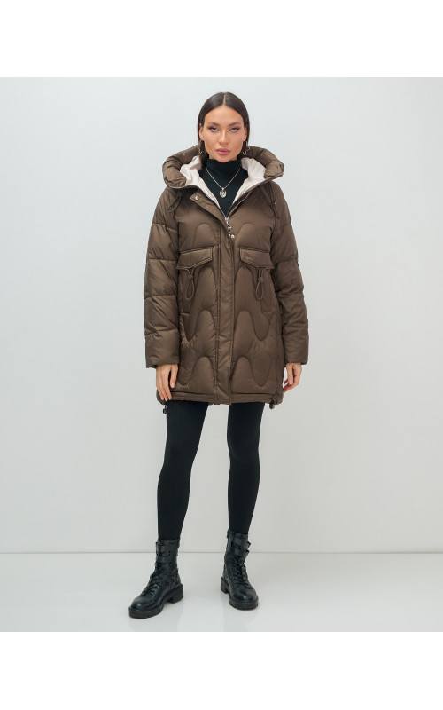 Женский модный пуховик с капюшоном, тёмно-коричневый. в Тюмени