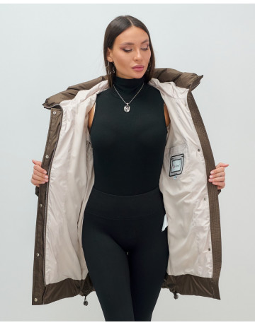 Женский модный пуховик с капюшоном, тёмно-коричневый. в Тюмени