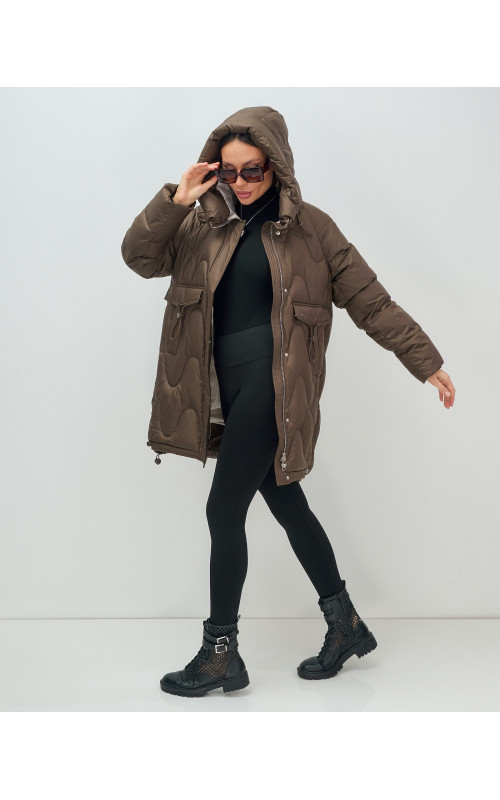 Женский модный пуховик с капюшоном, тёмно-коричневый. в Тюмени