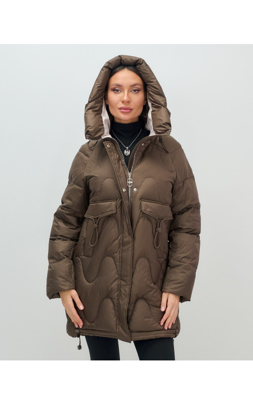 Женский модный пуховик с капюшоном, тёмно-коричневый. в Тюмени