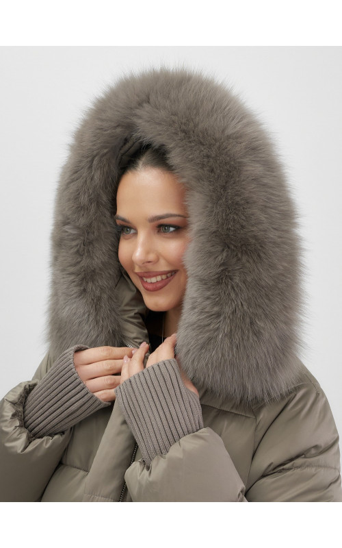 Пуховик с мехом песца, зима 2025, свободный крой