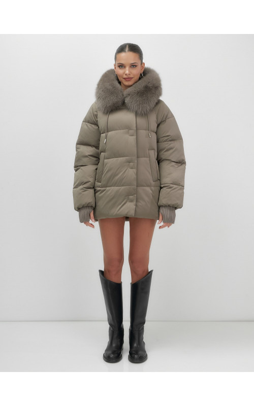 Пуховик с мехом песца, зима 2025, свободный крой