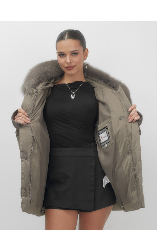 Пуховик с мехом песца, зима 2025, свободный крой