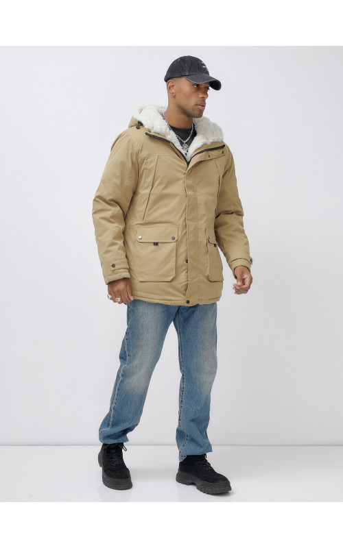 Мужская зимняя удлиненная парка с мехом горчичного оттенка. в Тюмени