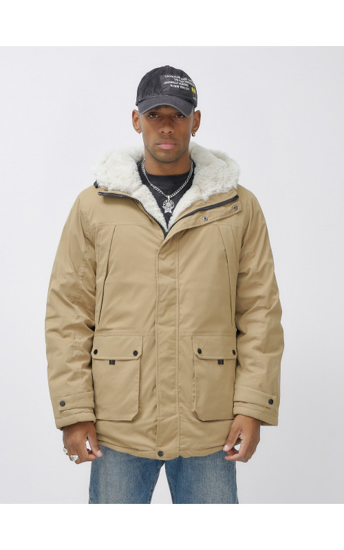 Мужская зимняя удлиненная парка с мехом горчичного оттенка. в Тюмени