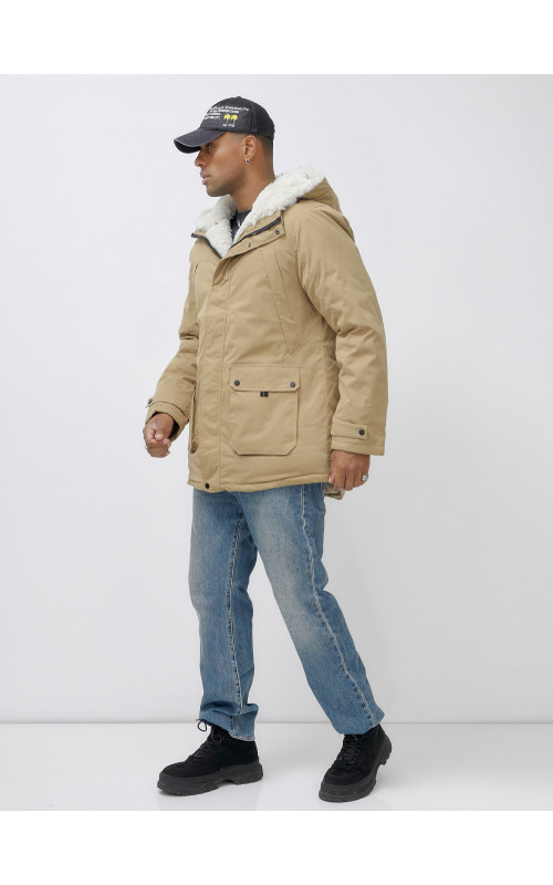 Мужская зимняя удлиненная парка с мехом горчичного оттенка. в Тюмени
