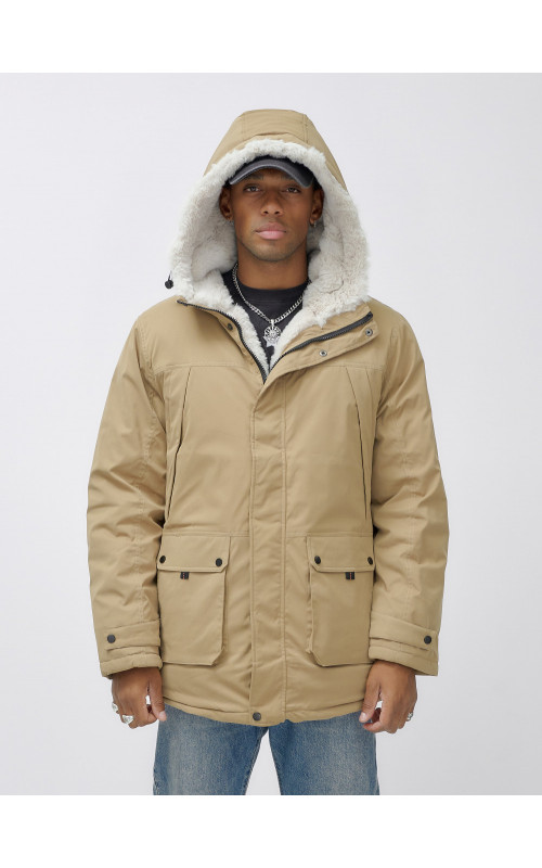 Мужская зимняя удлиненная парка с мехом горчичного оттенка. в Тюмени