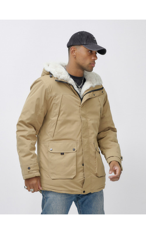 Мужская зимняя удлиненная парка с мехом горчичного оттенка. в Тюмени