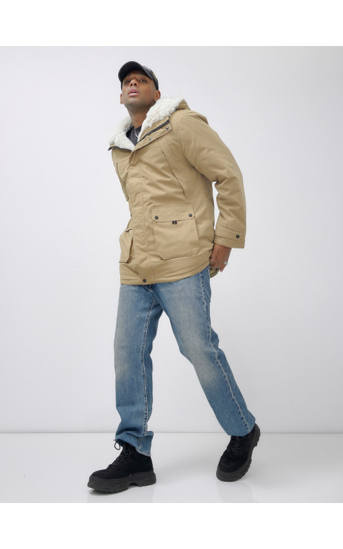 Мужская зимняя удлиненная парка с мехом горчичного оттенка. в Тюмени