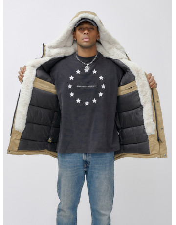 Мужская зимняя удлиненная парка с мехом горчичного оттенка. в Тюмени