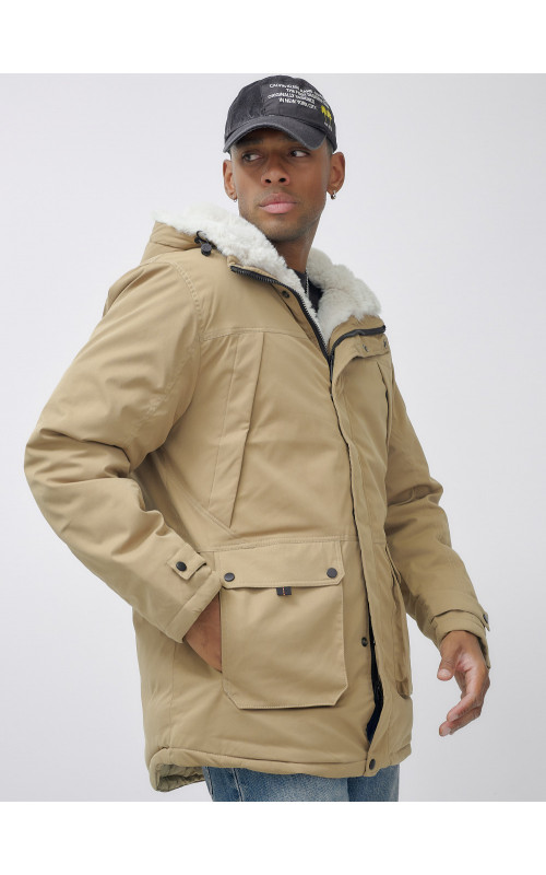 Мужская зимняя удлиненная парка с мехом горчичного оттенка. в Тюмени