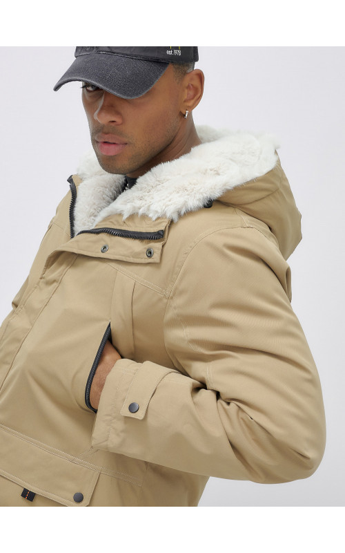 Мужская зимняя удлиненная парка с мехом горчичного оттенка. в Тюмени