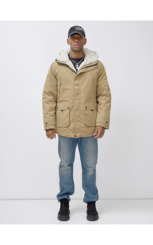 Мужская зимняя удлиненная парка с мехом горчичного оттенка. в Тюмени