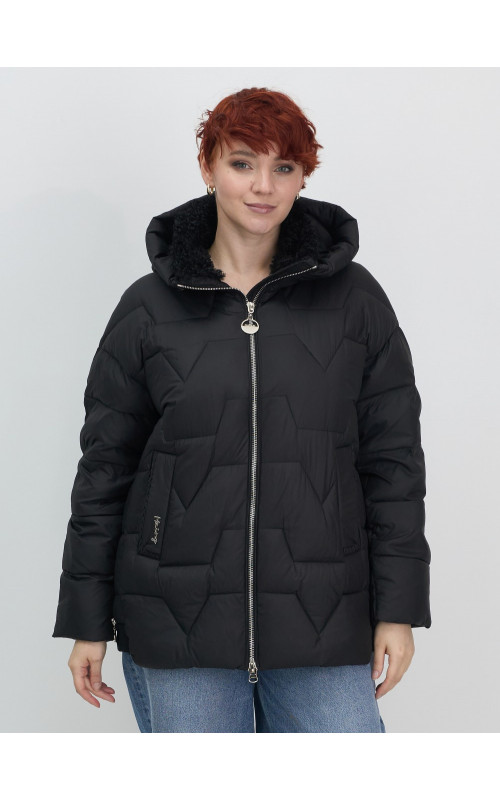 Женский зимний пуховик из эко-овчины, стильный и модный, чёрный. в Тюмени