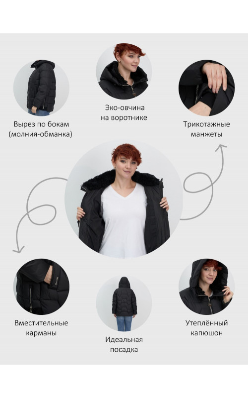 Женский зимний пуховик из эко-овчины, стильный и модный, чёрный. в Тюмени