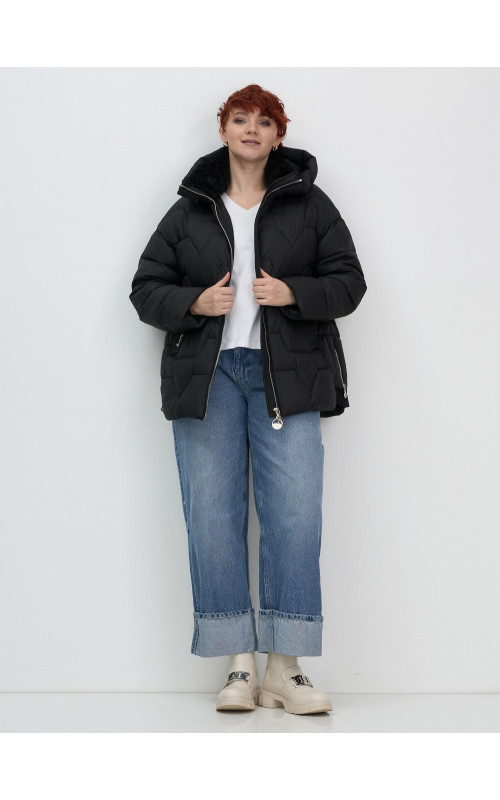 Женский зимний пуховик из эко-овчины, стильный и модный, чёрный. в Тюмени