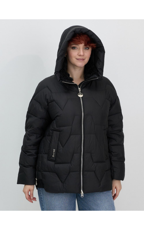 Женский зимний пуховик из эко-овчины, стильный и модный, чёрный. в Тюмени