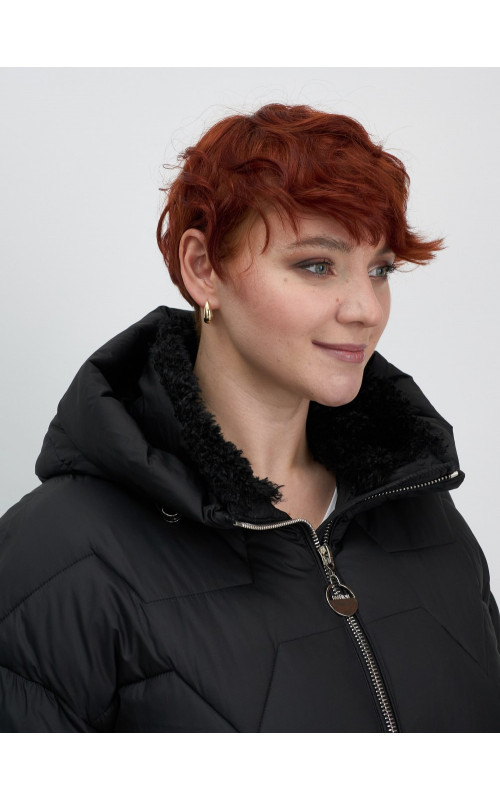 Женский зимний пуховик из эко-овчины, стильный и модный, чёрный. в Тюмени