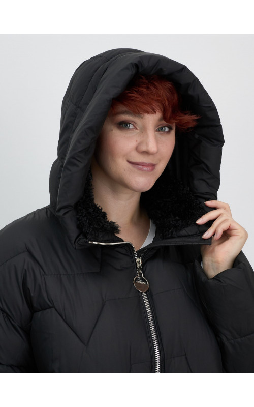 Женский зимний пуховик из эко-овчины, стильный и модный, чёрный. в Тюмени