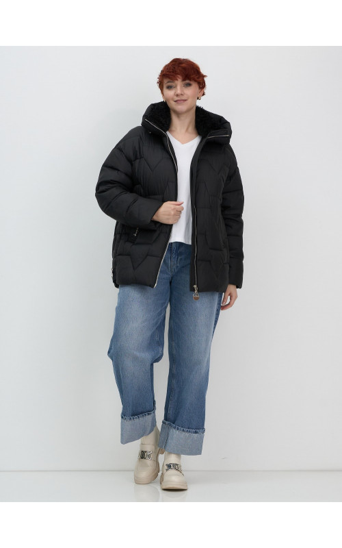 Женский зимний пуховик из эко-овчины, стильный и модный, чёрный. в Тюмени