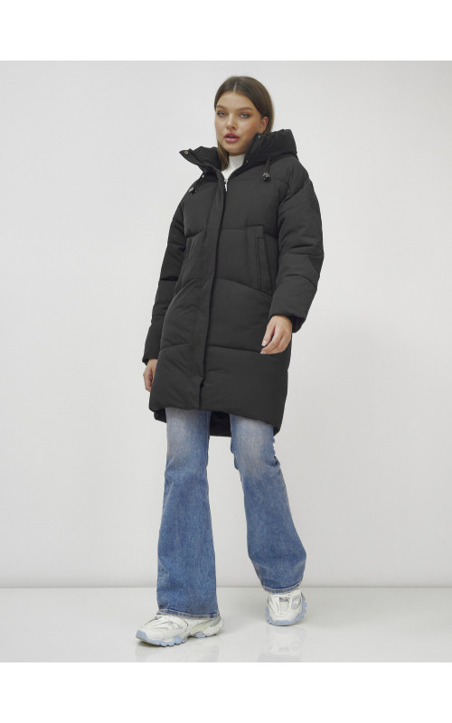 Пуховик женский зимний удлинённый с капюшоном, чёрный в Тюмени