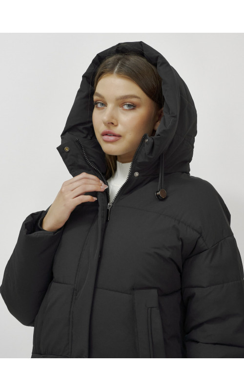 Пуховик женский зимний удлинённый с капюшоном, чёрный в Тюмени