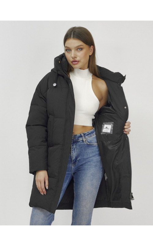 Пуховик женский зимний удлинённый с капюшоном, чёрный в Тюмени