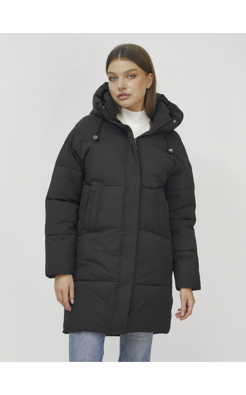 Пуховик женский зимний удлинённый с капюшоном, чёрный в Тюмени