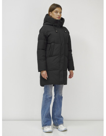 Пуховик женский зимний удлинённый с капюшоном, чёрный в Тюмени