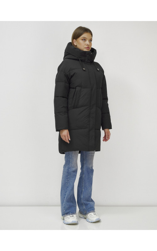 Пуховик женский зимний удлинённый с капюшоном, чёрный в Тюмени