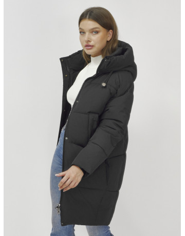 Пуховик женский зимний удлинённый с капюшоном, чёрный в Тюмени