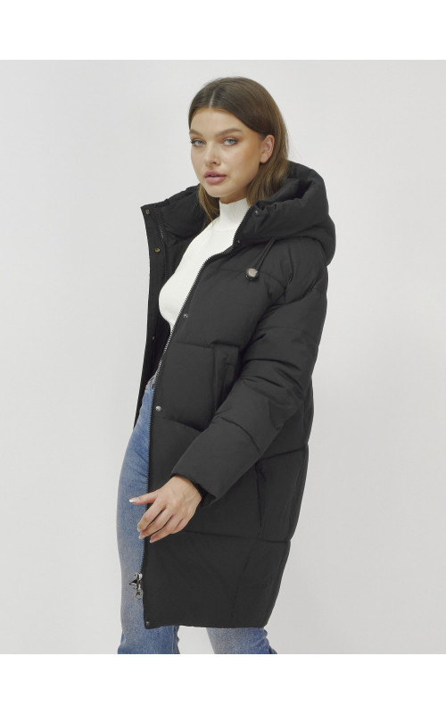 Пуховик женский зимний удлинённый с капюшоном, чёрный в Тюмени