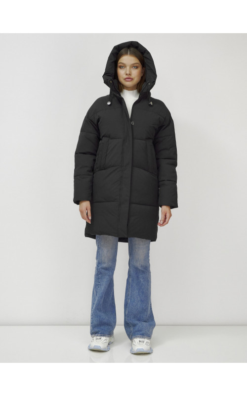 Пуховик женский зимний удлинённый с капюшоном, чёрный в Тюмени