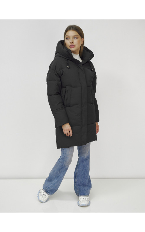 Пуховик женский зимний удлинённый с капюшоном, чёрный в Тюмени